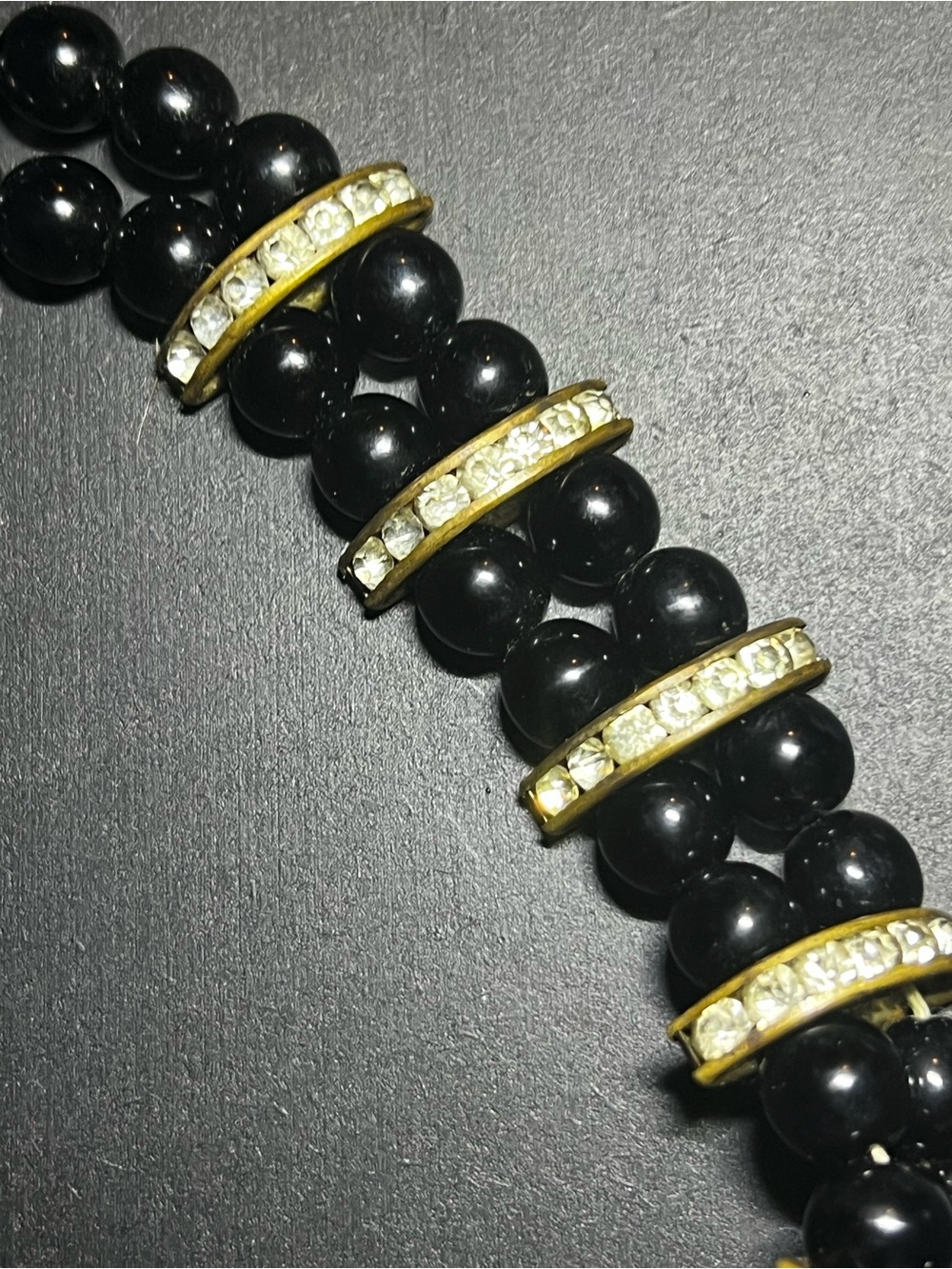 Vintage Black Onyx Jet Beaded Choker Necklace with Gold Rhinestone Accents